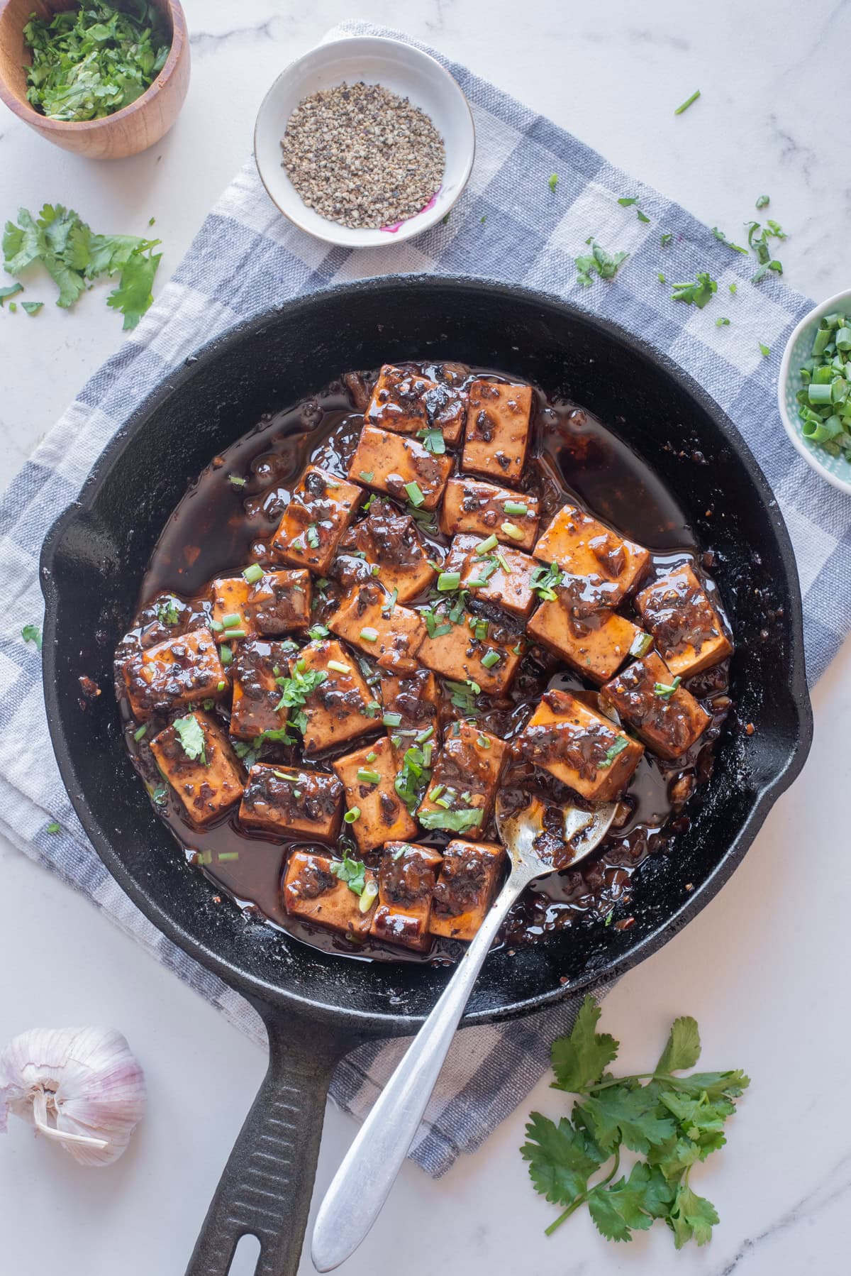 An overhead image of mapo tofu in a skillet, ready for serving.