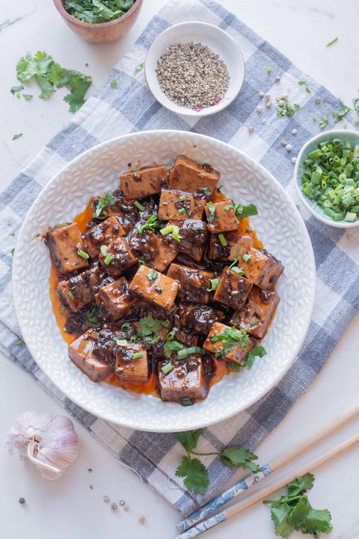 An overhead image of mapo tofu served in a bowl.