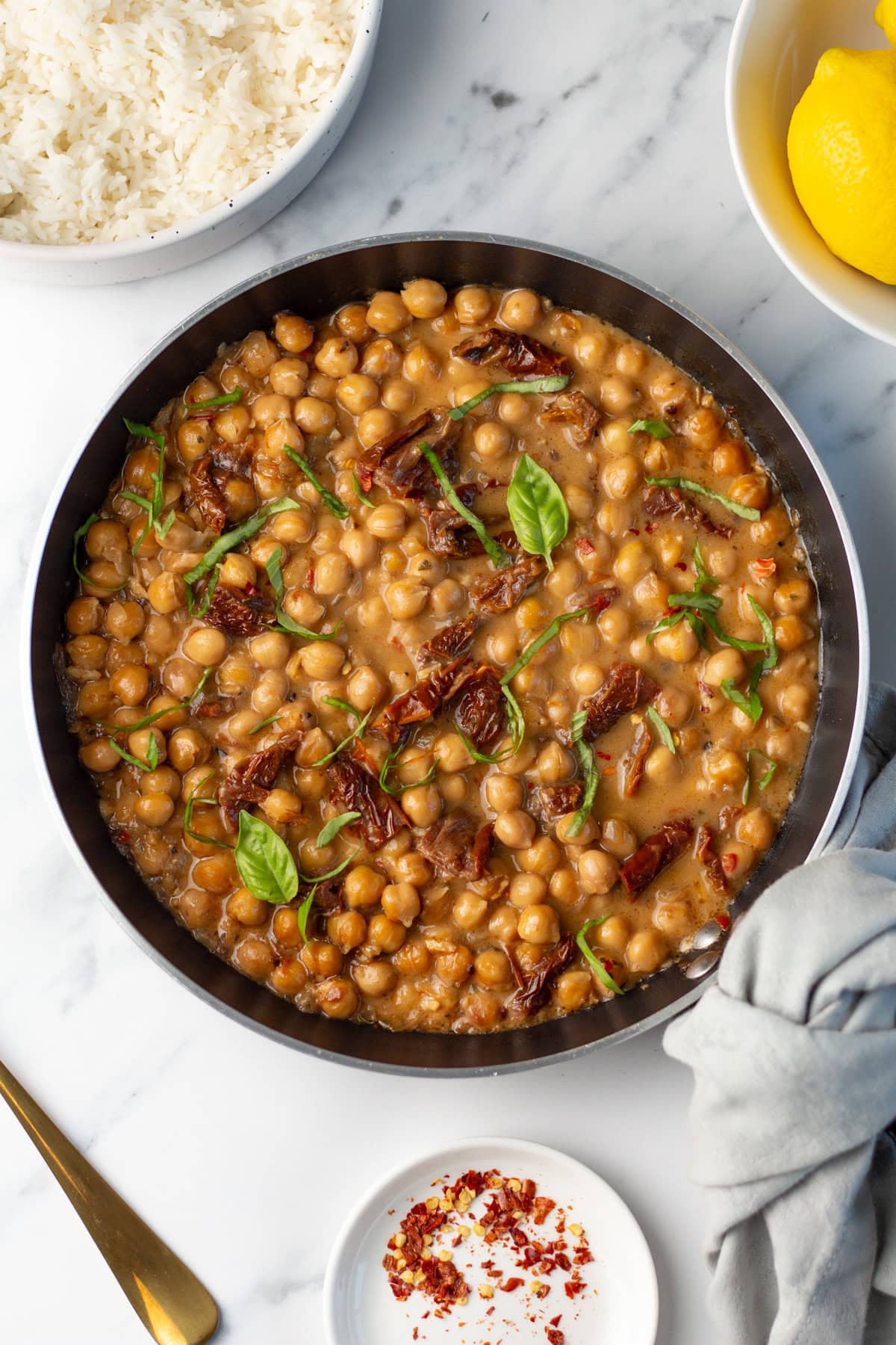 An overhead image of garnishing the skillet.