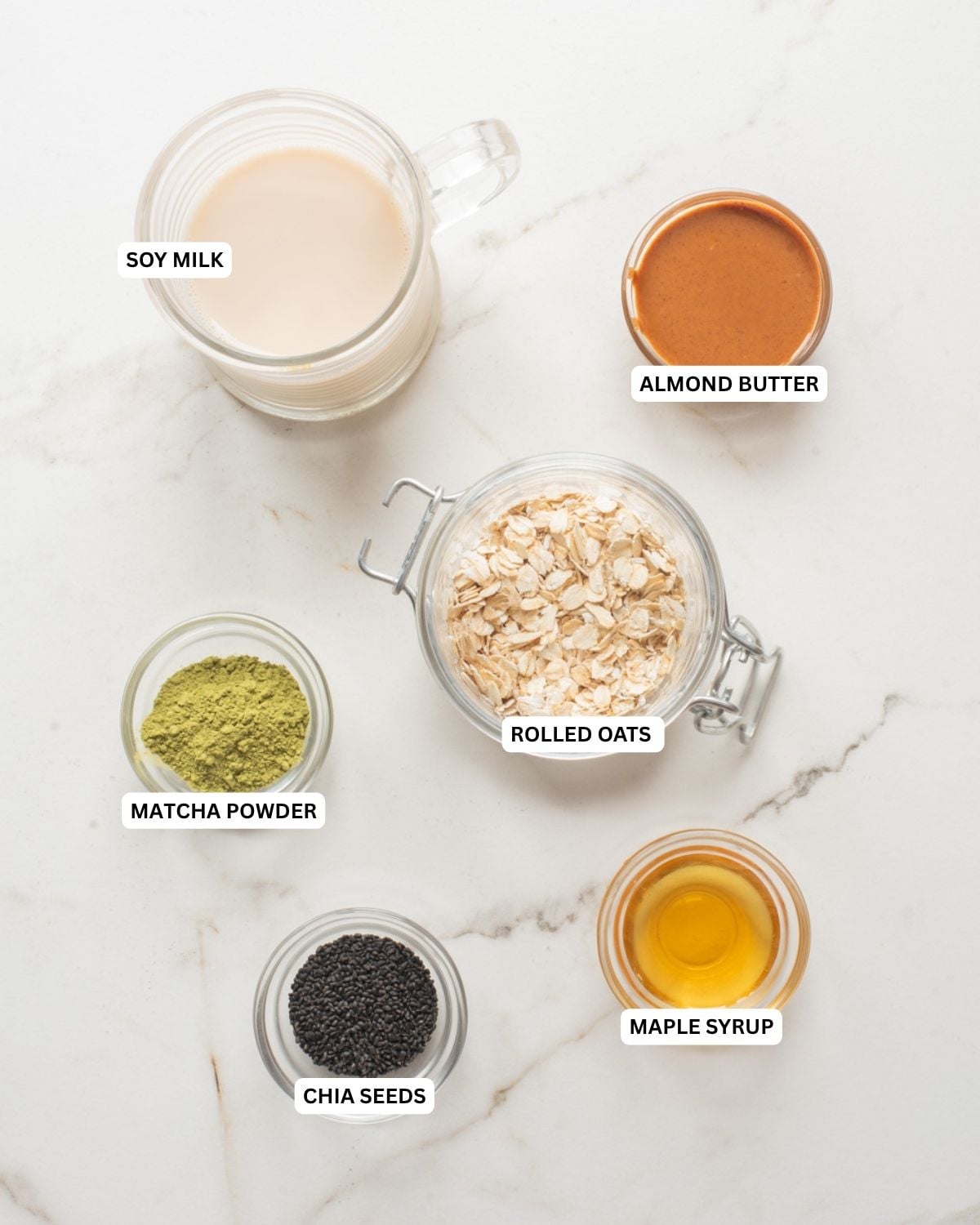 Ovehead image of the Ingredients for matcha chia overnight oats.