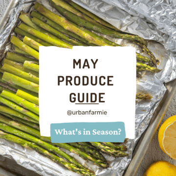 Image of asparagus with text overlay that says "May Produce Guide".