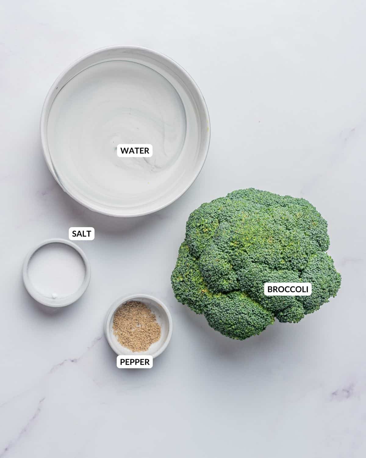 Overhead image of labeled ingredients for microwave broccoli