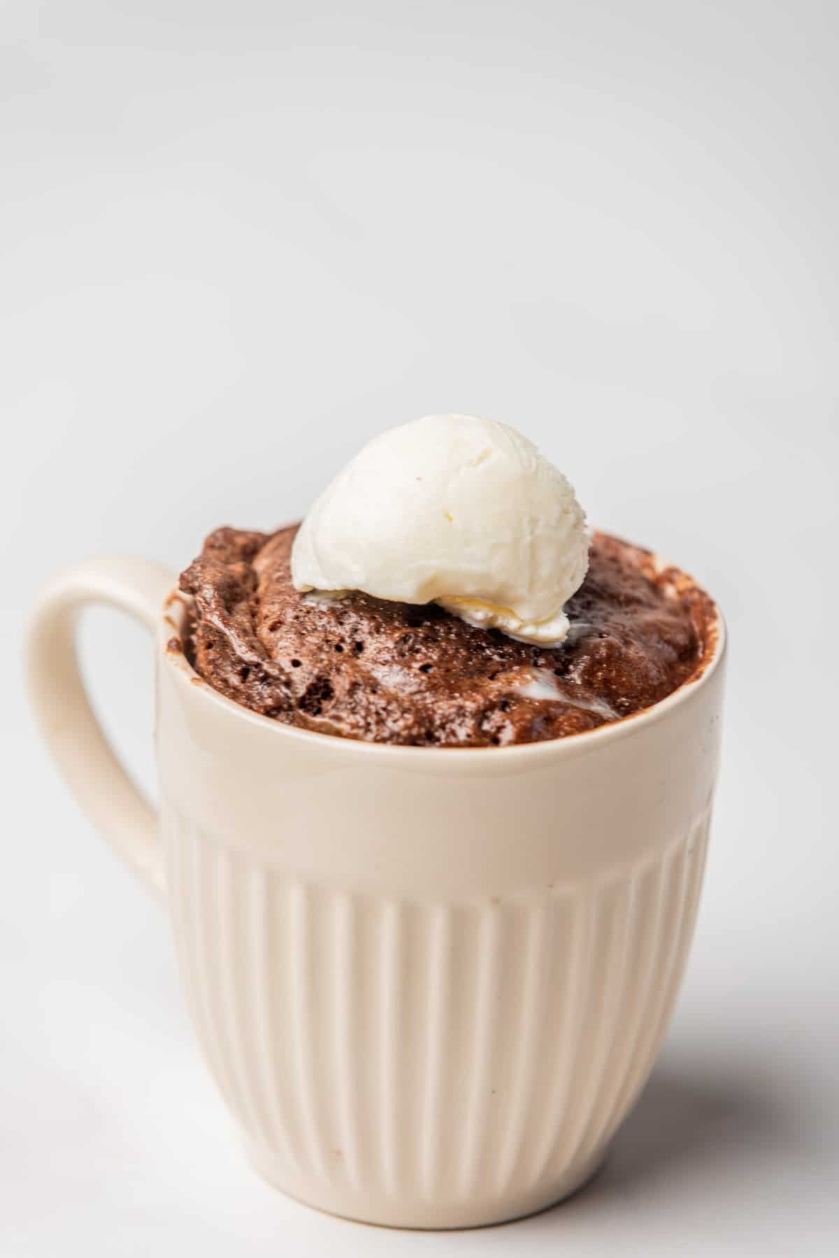 An image of chocolate mug cake with vanilla ice cream on top.