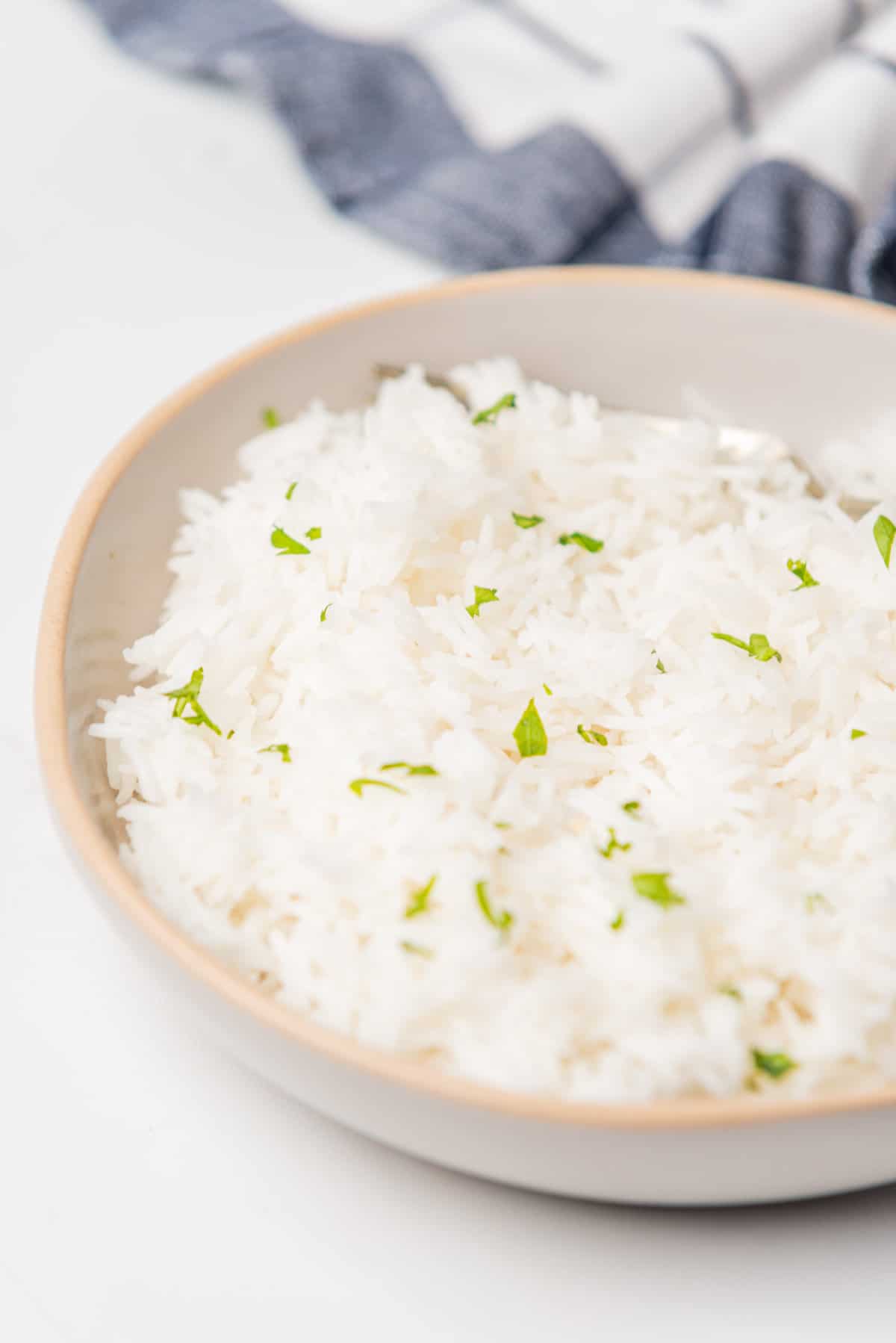 A closeup image of a bowl full of white rice with green herbs sprinkled on top.