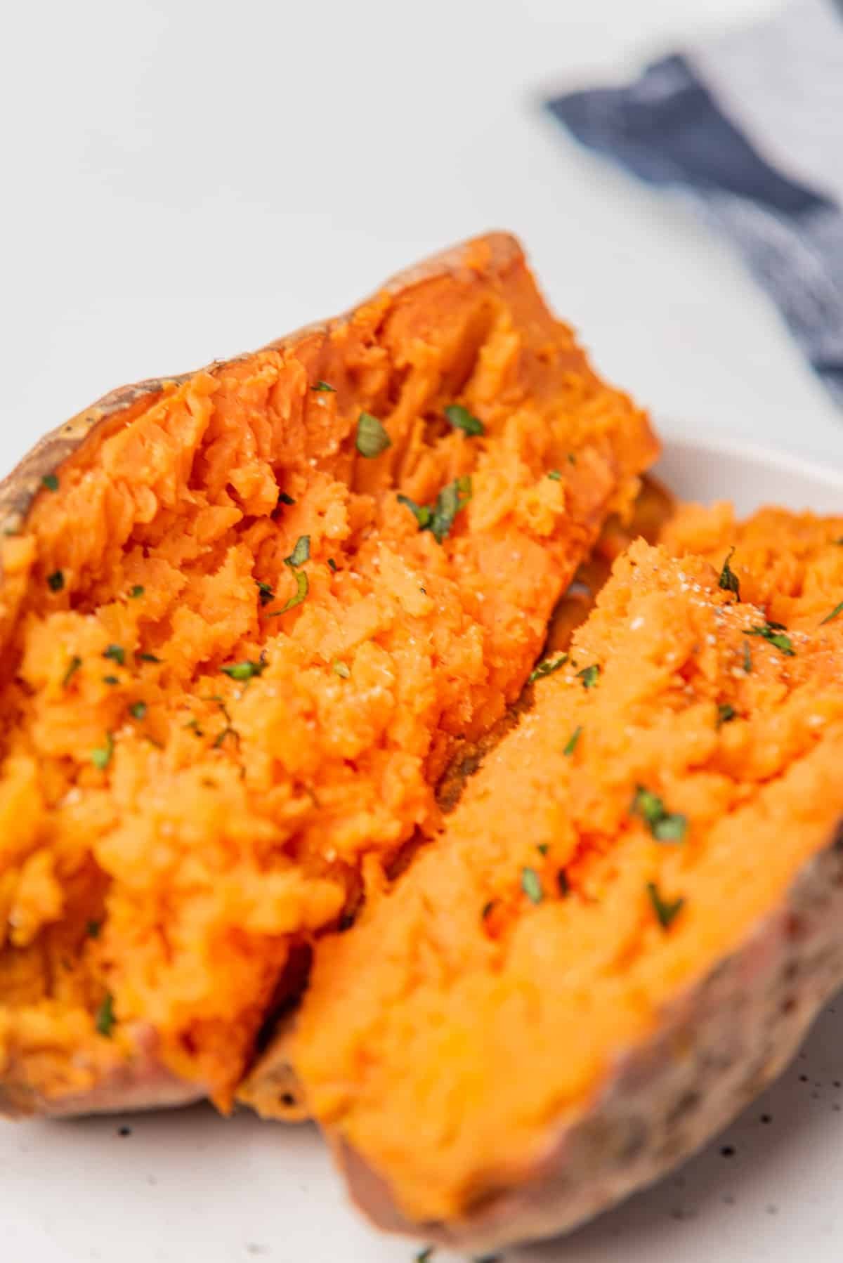 A closeup image of microwave sweet potato.