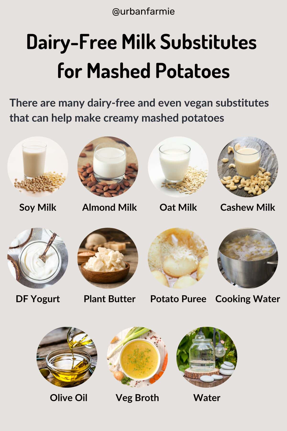 Graphic image with collage of potential dairy-free milk substitutes for mashed potatoes