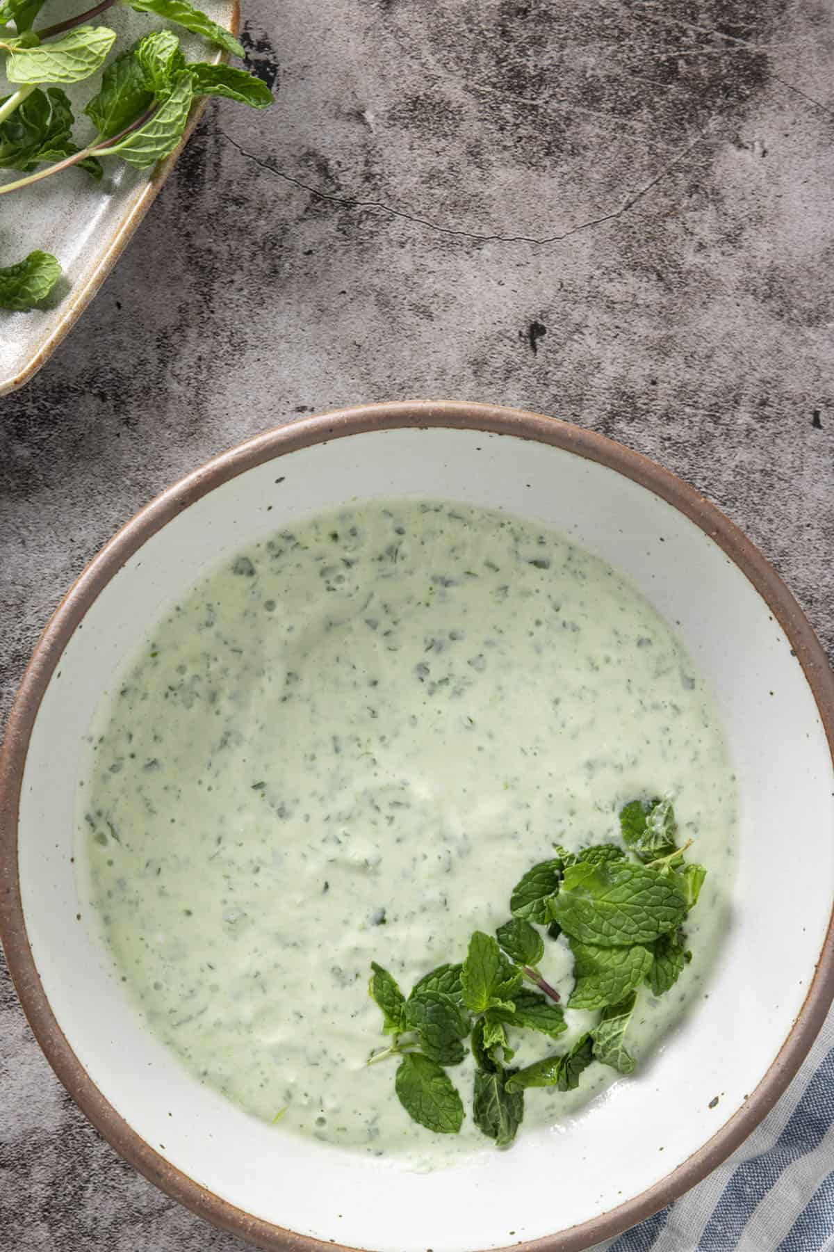 Close up of bowl of mint raita with mint garnish (and mint leaves in background)