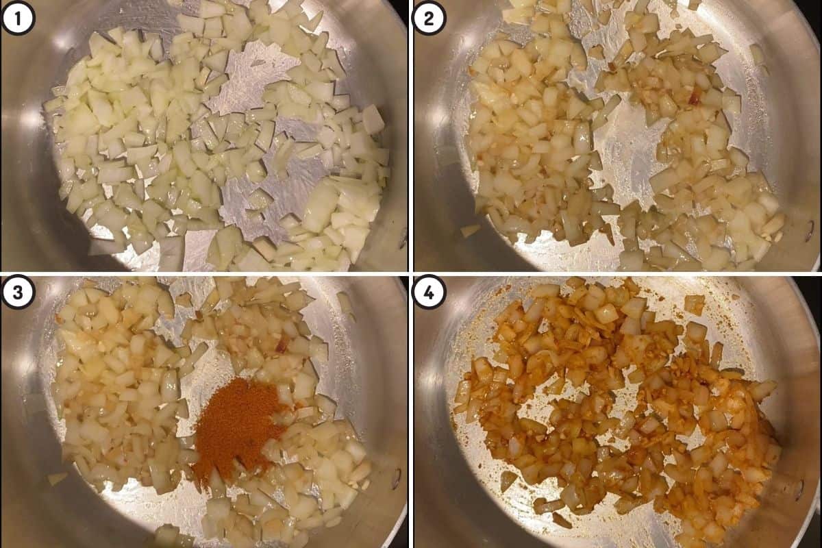 Four panel collage showing how to saute aromatics before creating tomato base