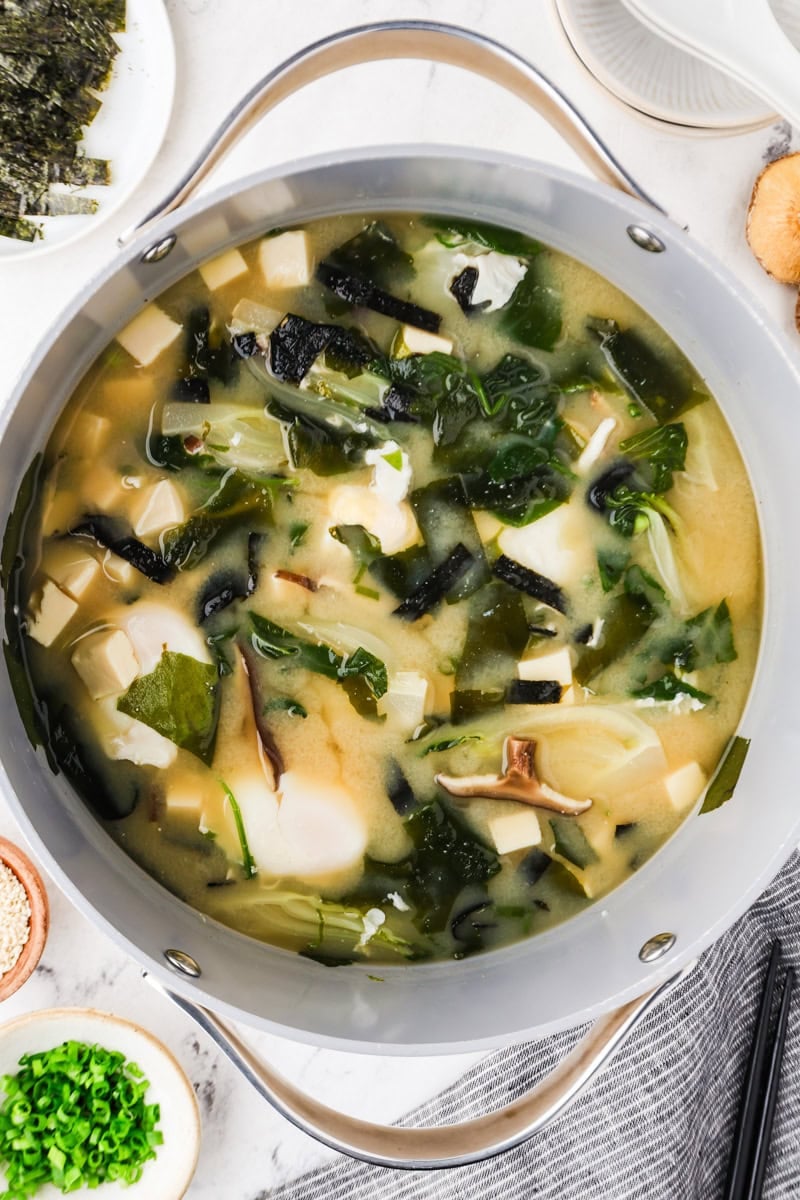 An overhead image of the cooked miso soup with egg.