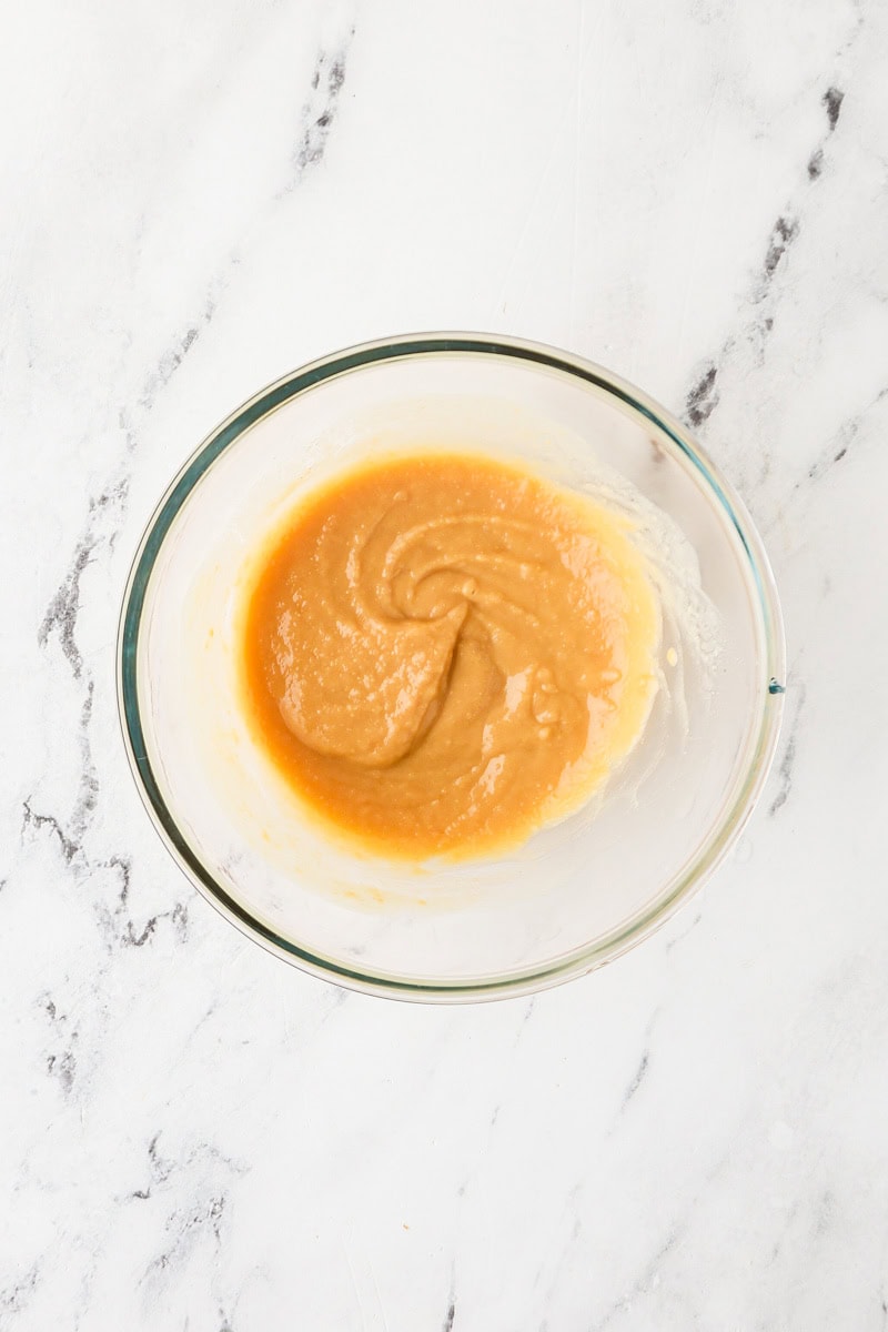 An overhead image of miso paste mixture in a bowl.