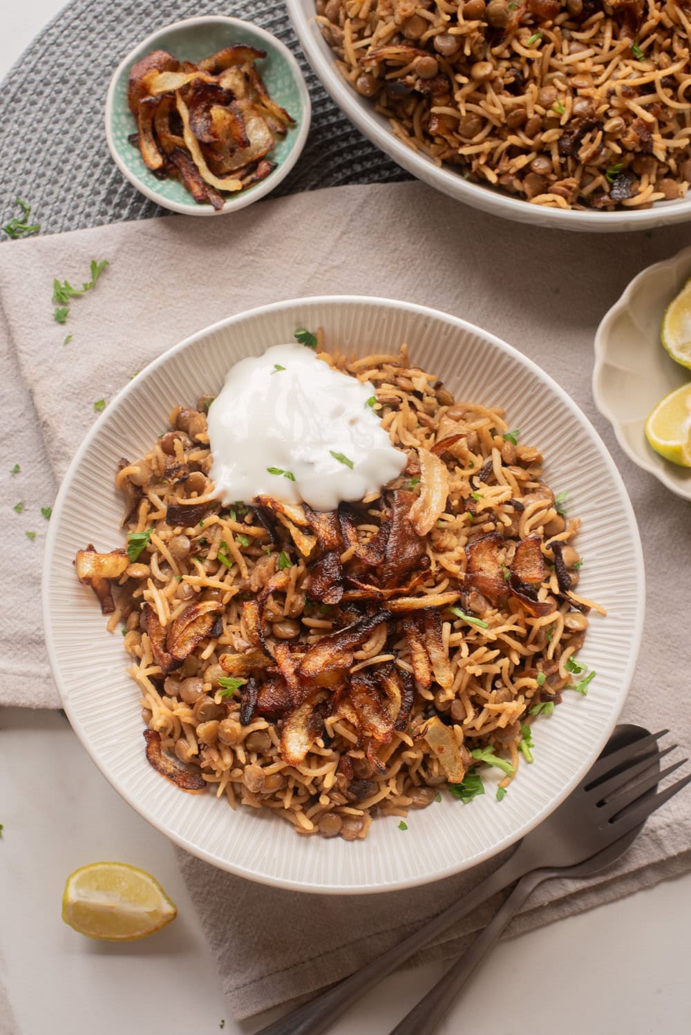 Finished mujaddara topped with crispy onions and yogurt, ready to serve.