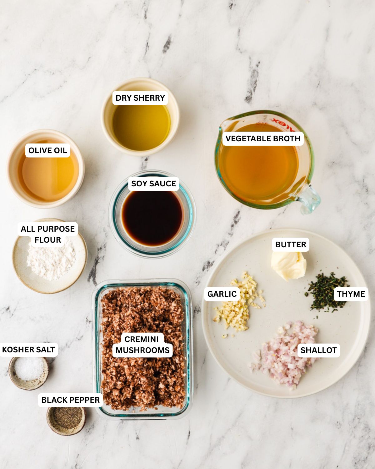 Overhead view of ingredients for vegan mushroom gravy.