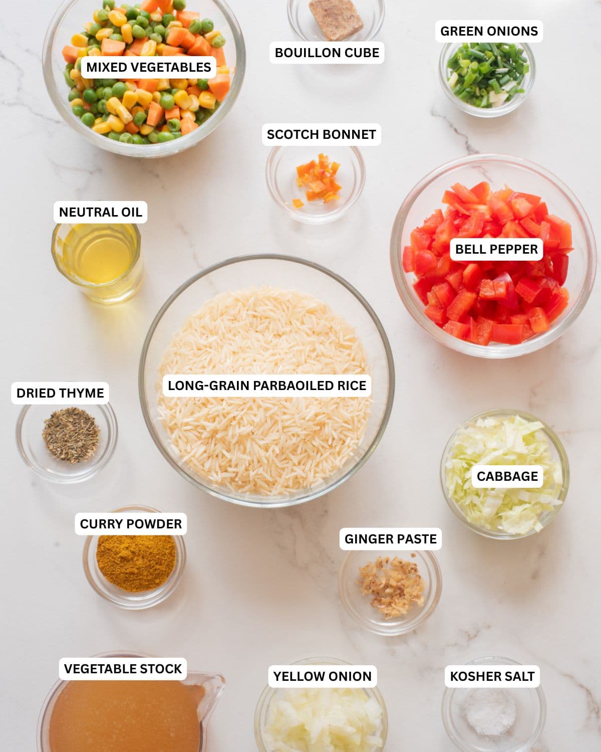 Overhead view of Nigerian fried rice ingredients.