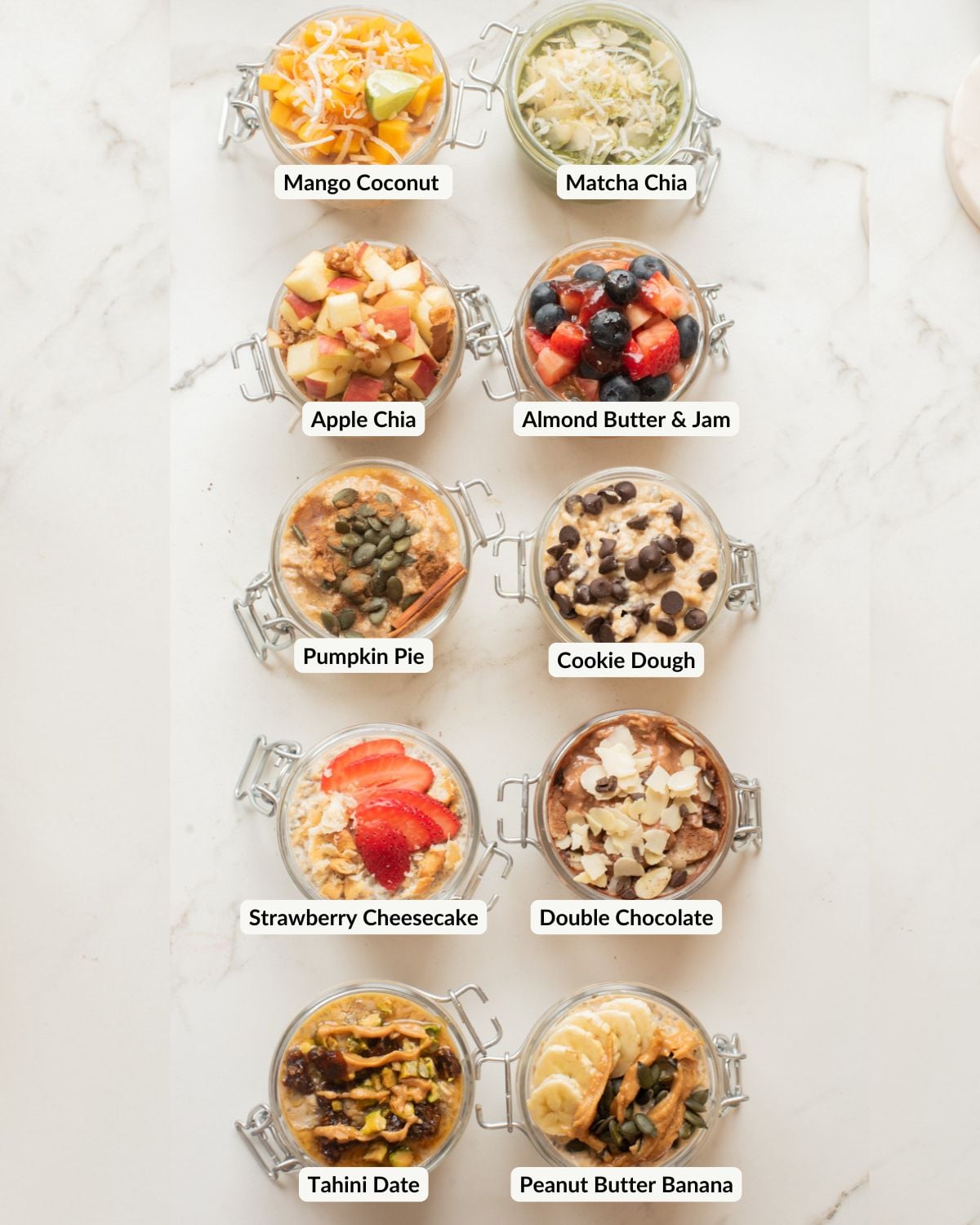 10 high protein overnight oat jars arranged in a row with labels on them