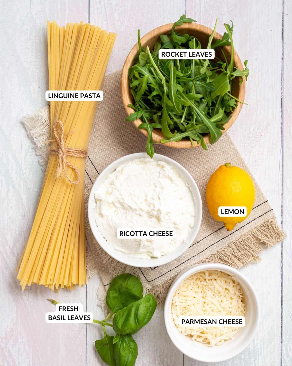 Labeled ingredient list for lemon ricotta pasta - check recipe card for details!