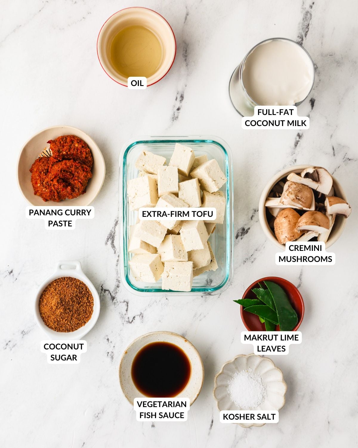 An overhead image of vegetarian panang curry ingredients.