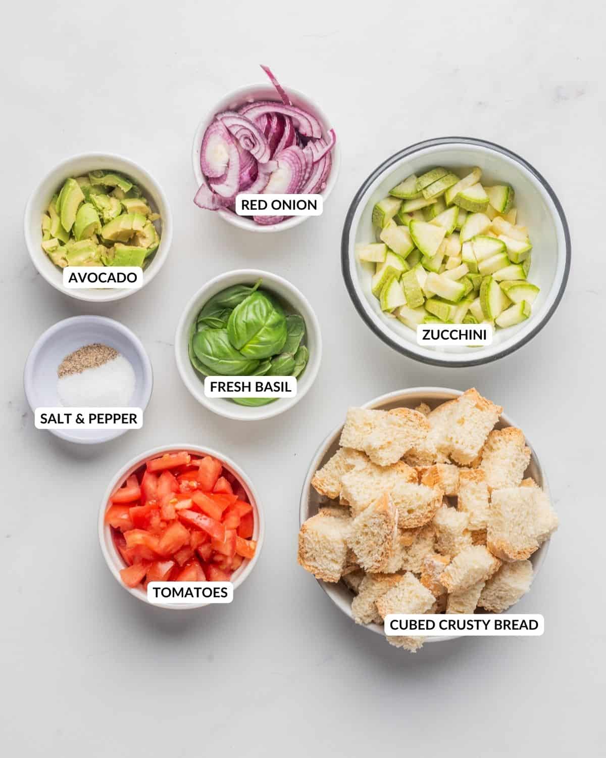 Overhead view of panzanella salad ingredients, labeled. Check recipe card for details. 