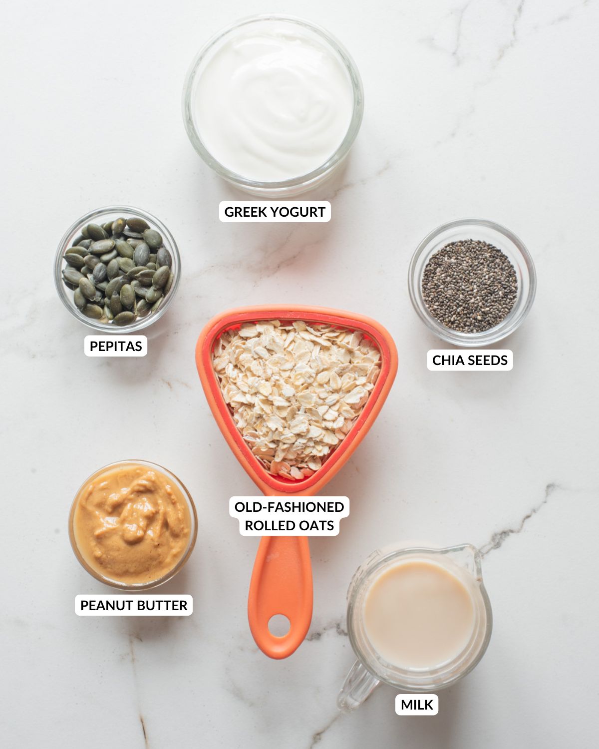An overhead image of the ingredients of the overnight oats.