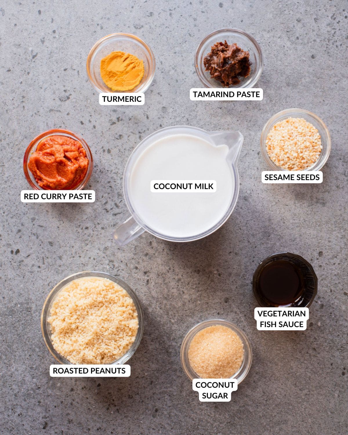 Overhead image of the ingredients for peanut sauce.