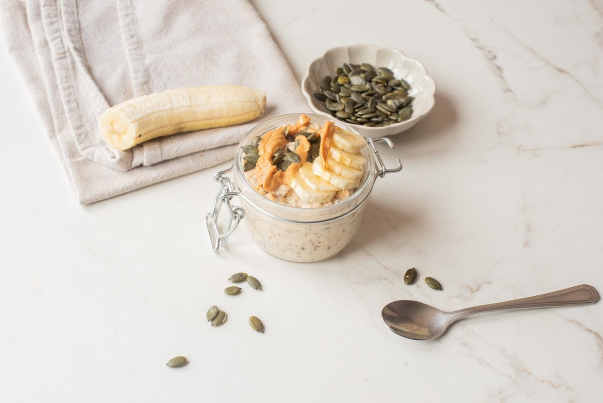 An image of peanut butter banana overnight oats.