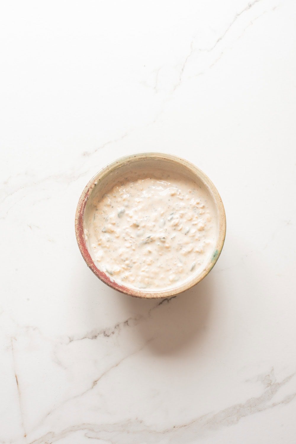 An overhead image of the combined overnight oats.