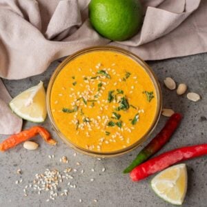 Overhead image of peanut sauce in a bowl.