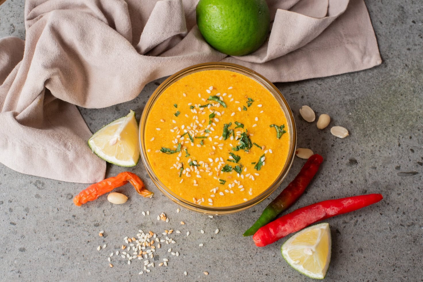Overhead image of peanut sauce in a bowl.
