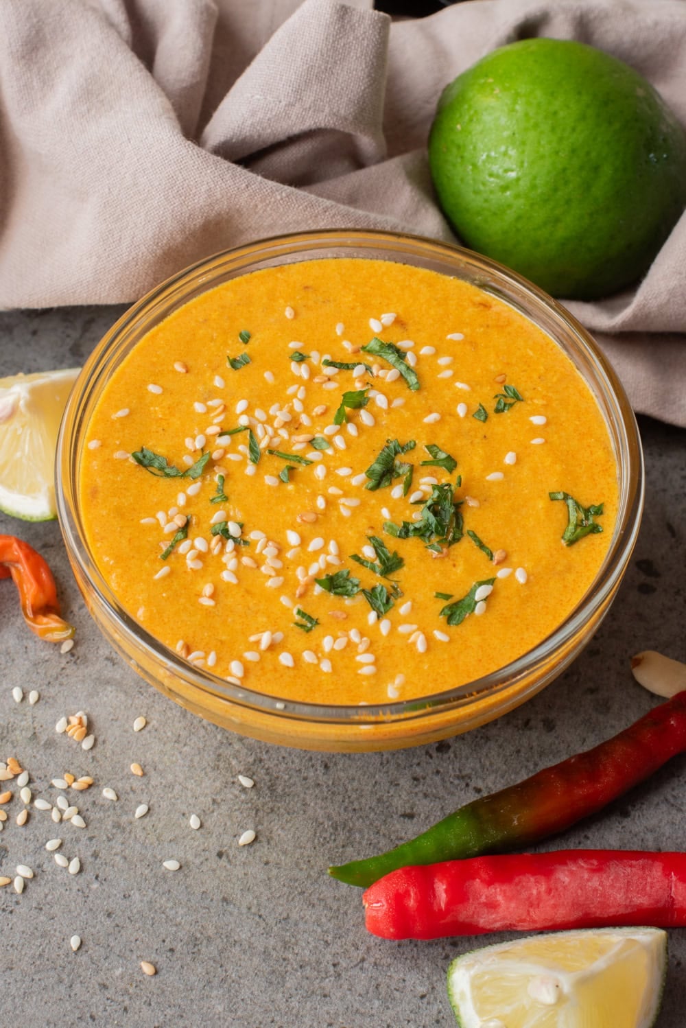 Close-up image of peanut sauce in a bowl.