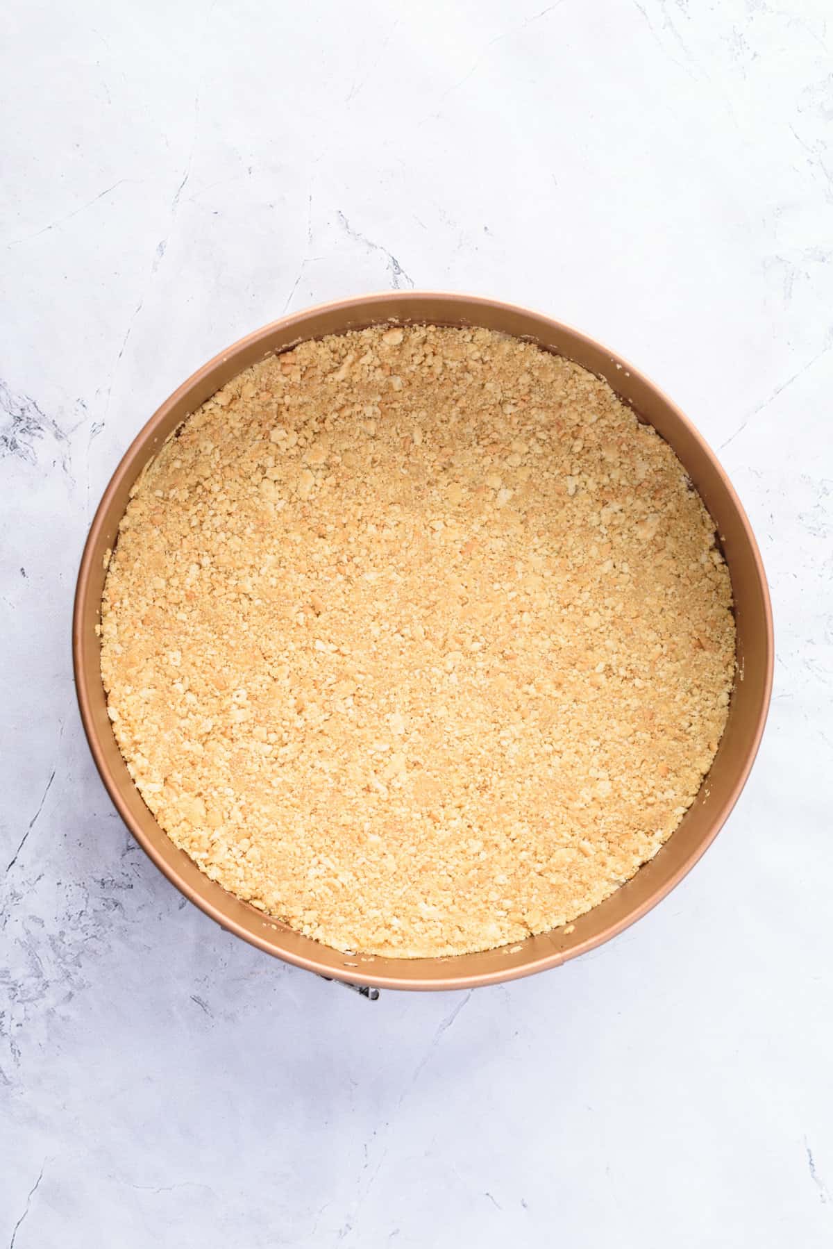 Graham cracker crumbles pressed into a springform pan to make the crust. 