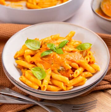 Close up view of penne pomodoro in a white plate.