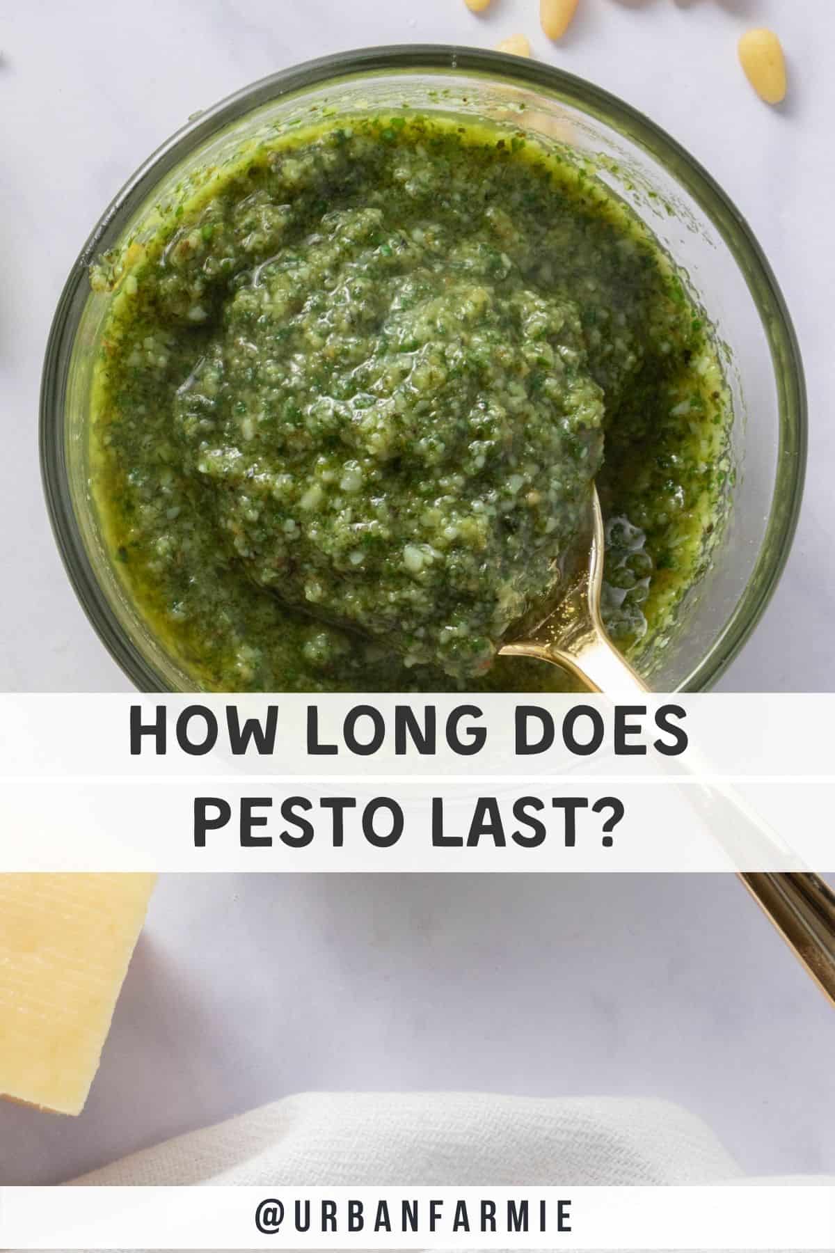Close up image of pesto with text overlay of post title on top.