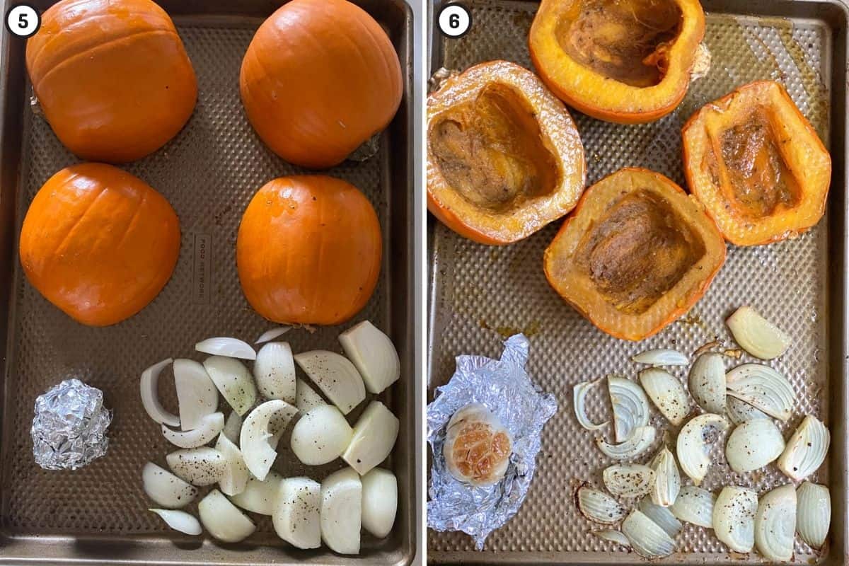 Before and after pictures in two panel collage showing roasted pumpkin, onions and garlic