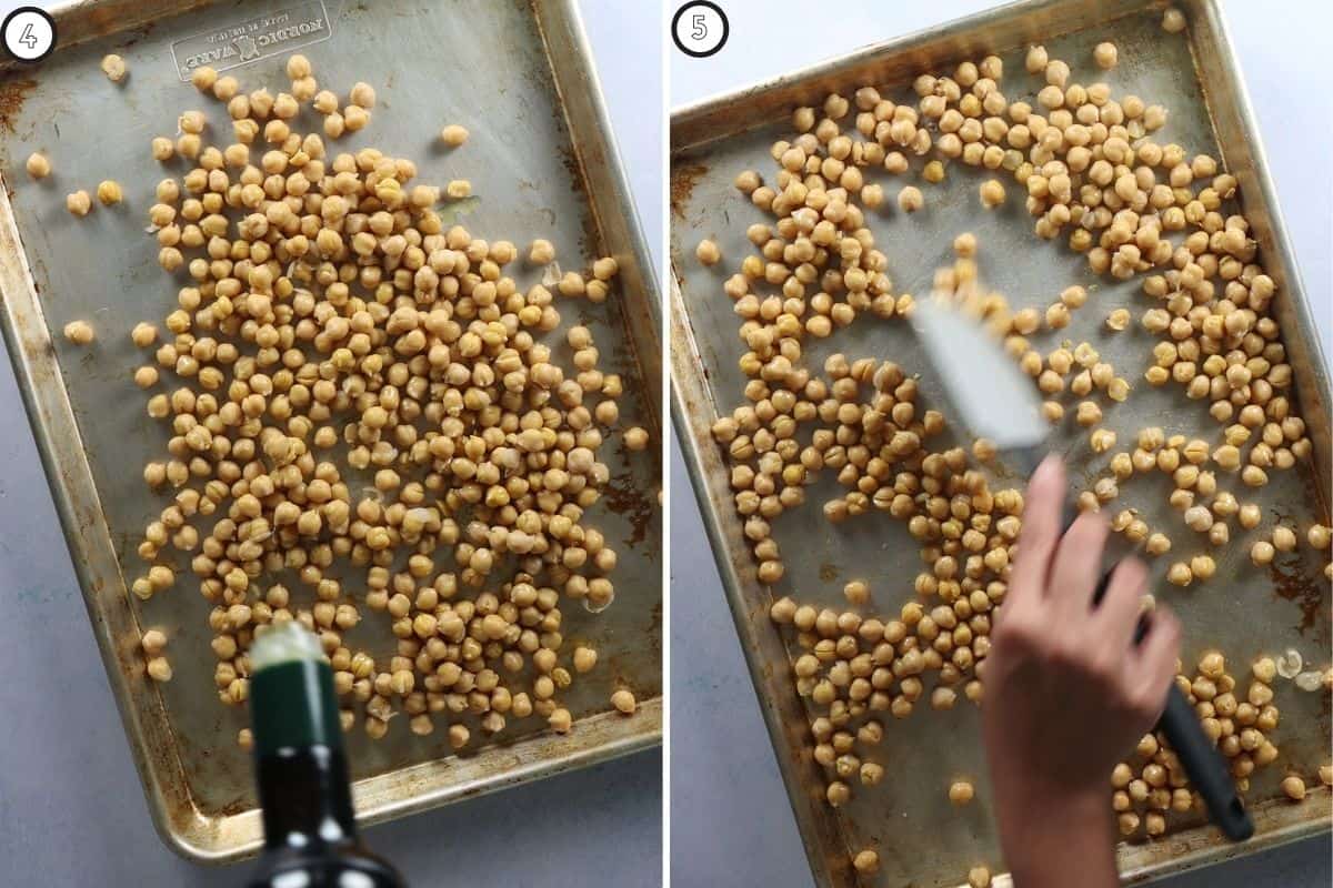 Two panel collage showing how to drizzle chickpeas with oil and spread them on baking sheet 
