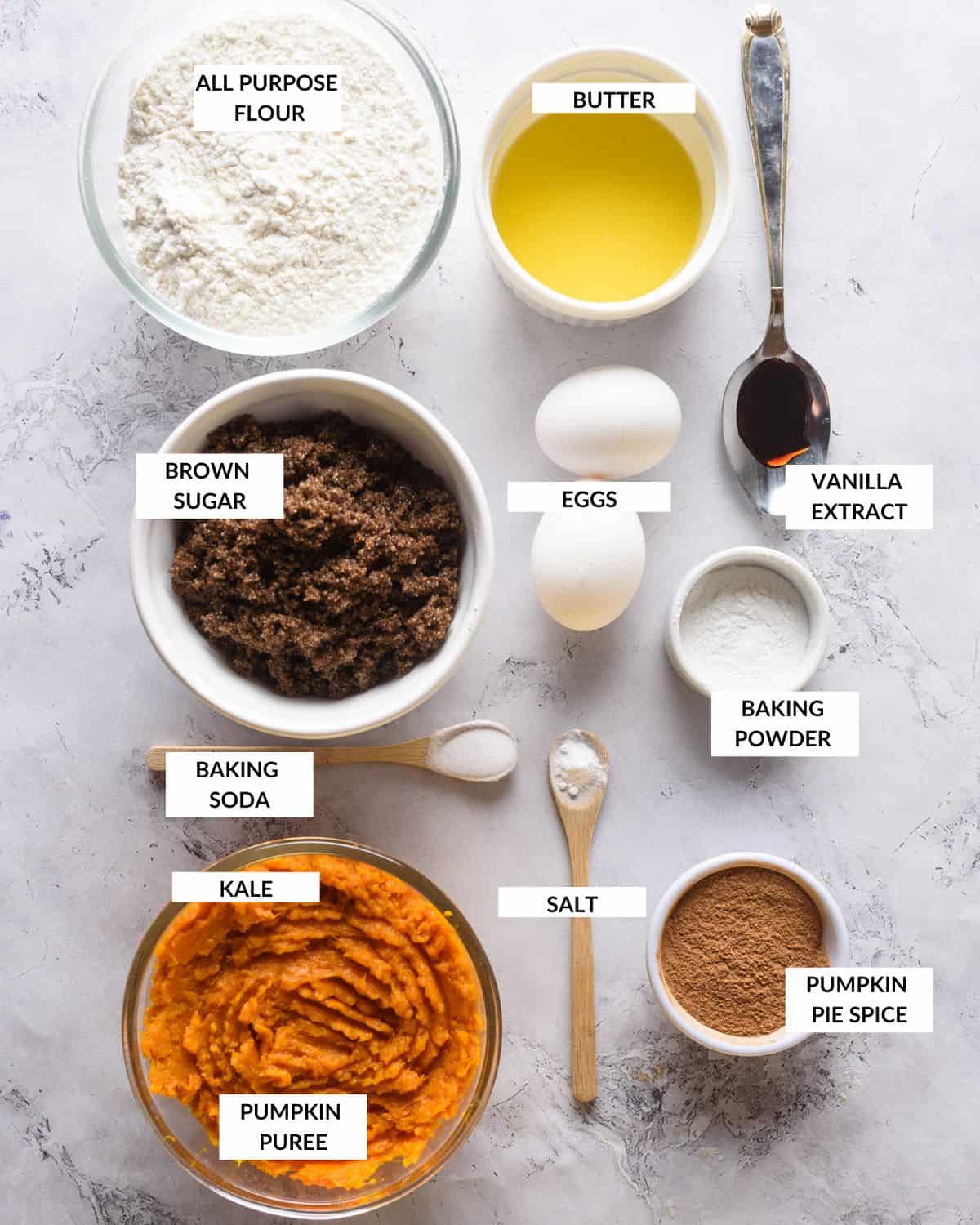 Labeled ingredients list for the pumpkin muffin - check recipe card for details!