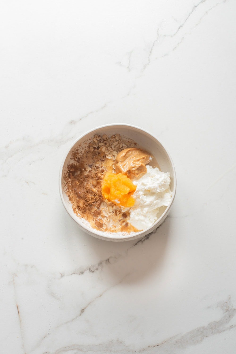 Overhead image of the ingredients for pumpkin pie overnight oats in a bowl.