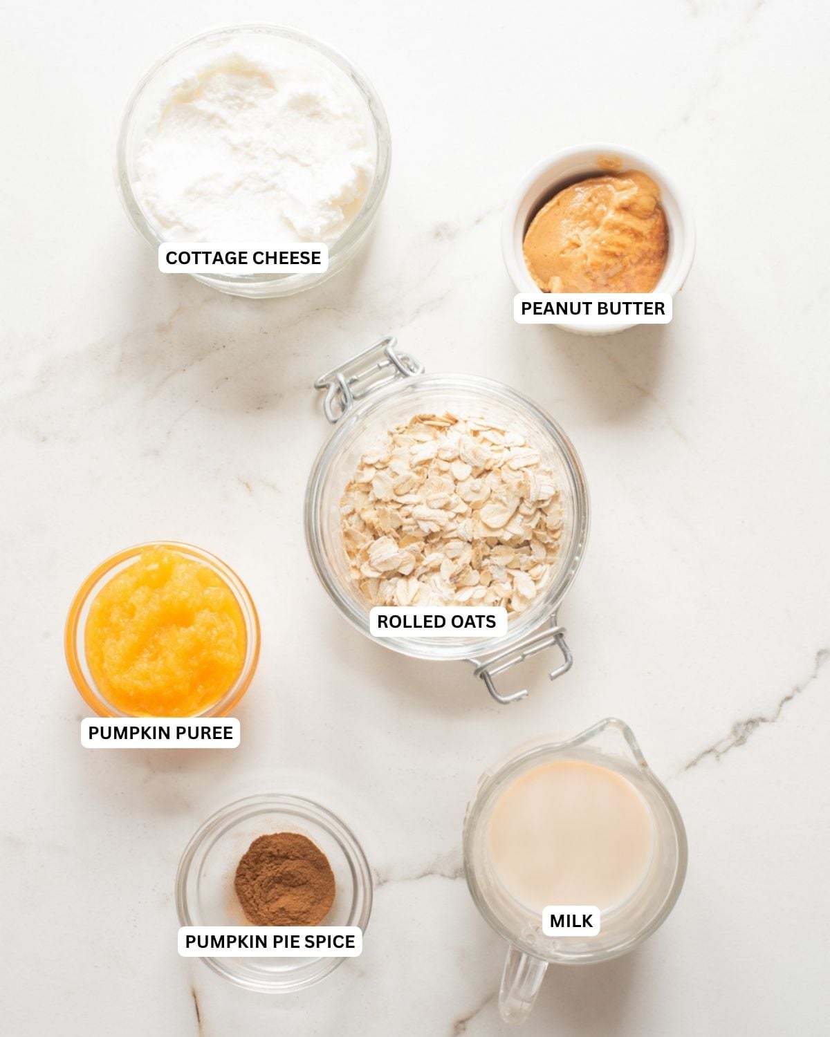 Overhead image of the ingredients for pumpkin pie overnight oats.