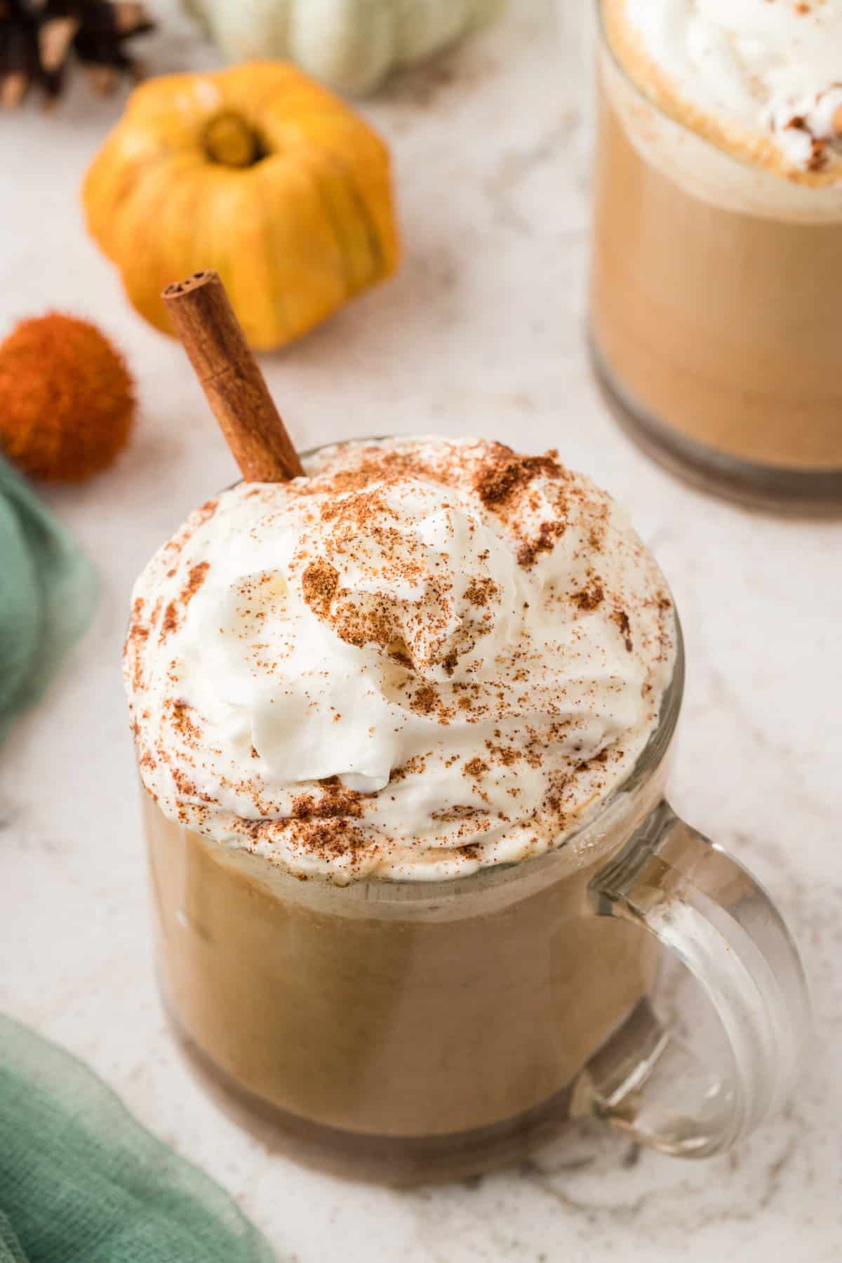 Straight on shot of a mug of pumpkin spice latte, with a cinnamon stick as garnish. Pumpkins in background.
