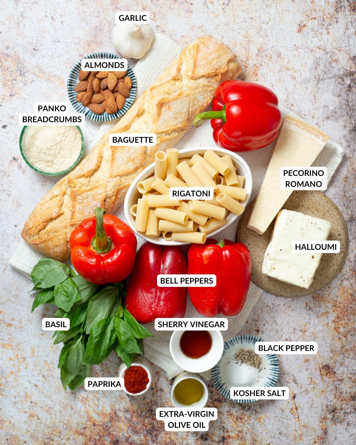 Overhead image of the ingredients for romesco pasta.