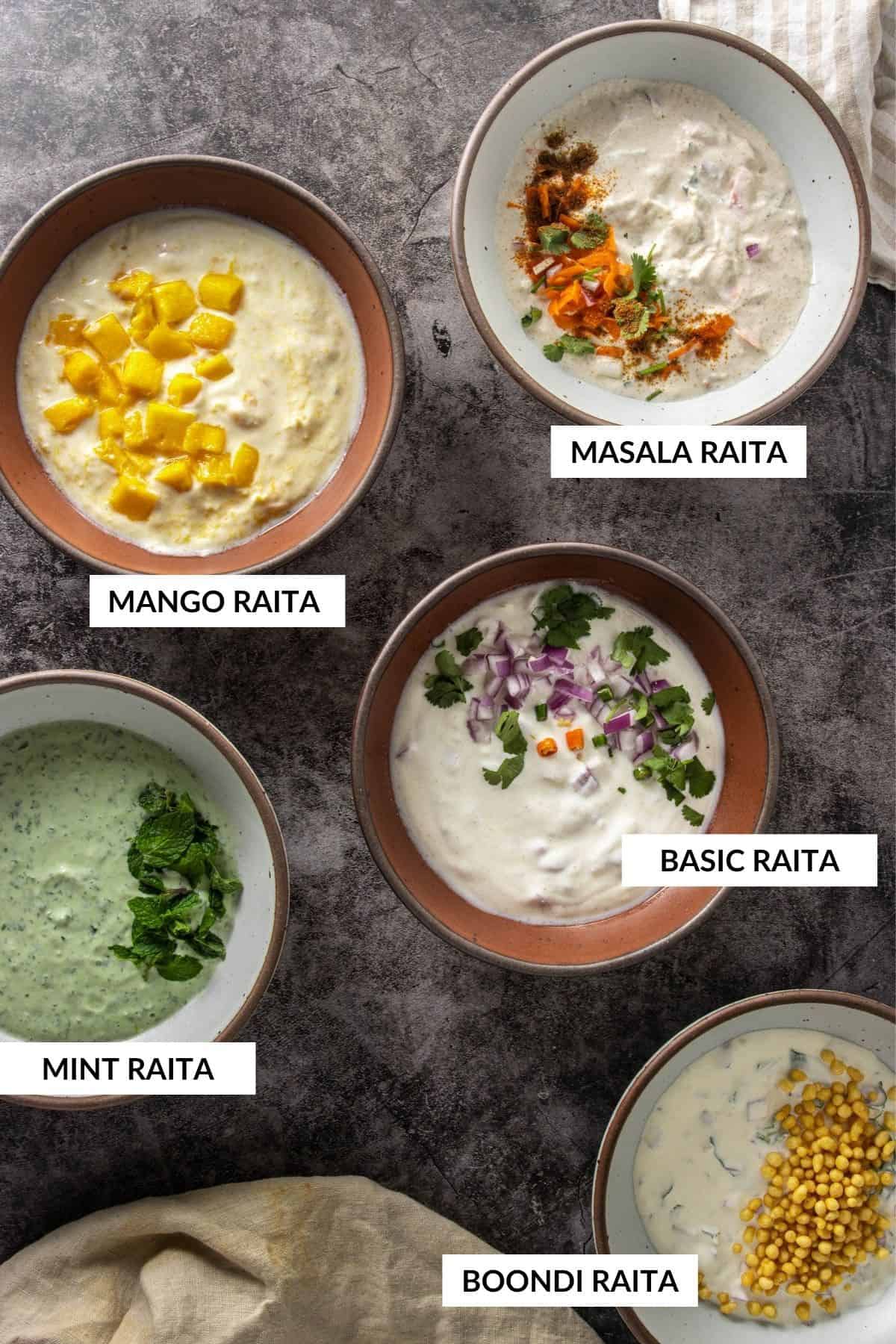 Five different types of raitas arranged on a platter