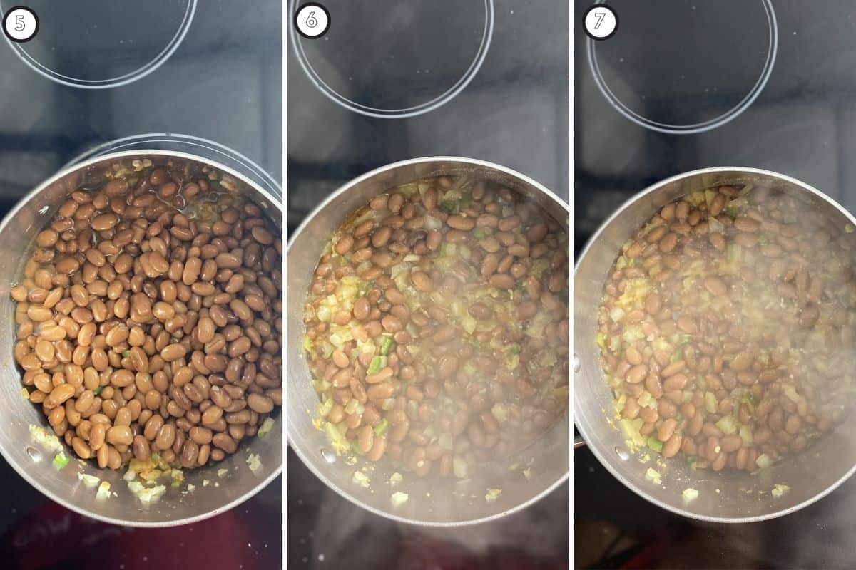 Three panel collage showing the beans cook once added to skillet
