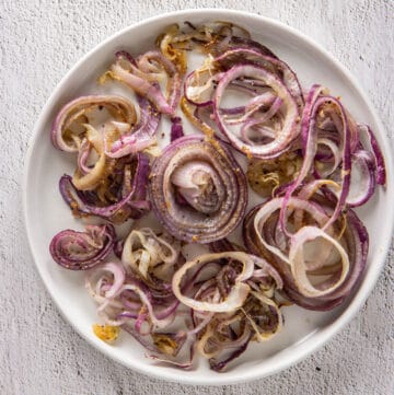 Close up of roasted red onions