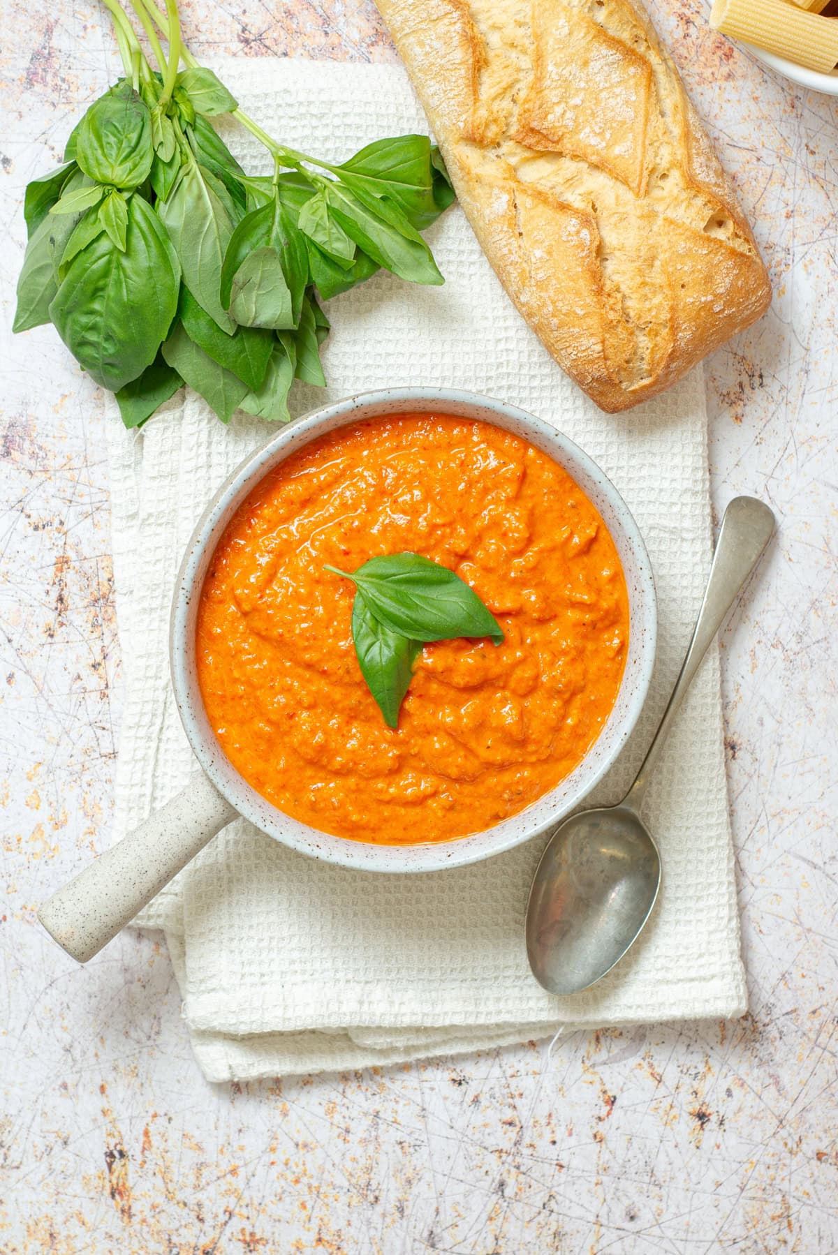 Freshly blended homemade romesco sauce in a serving bowl.