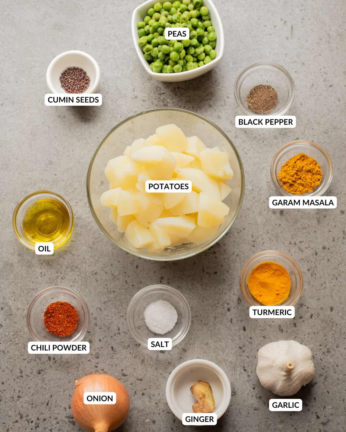 An overhead image of the ingredients of samosa wraps.