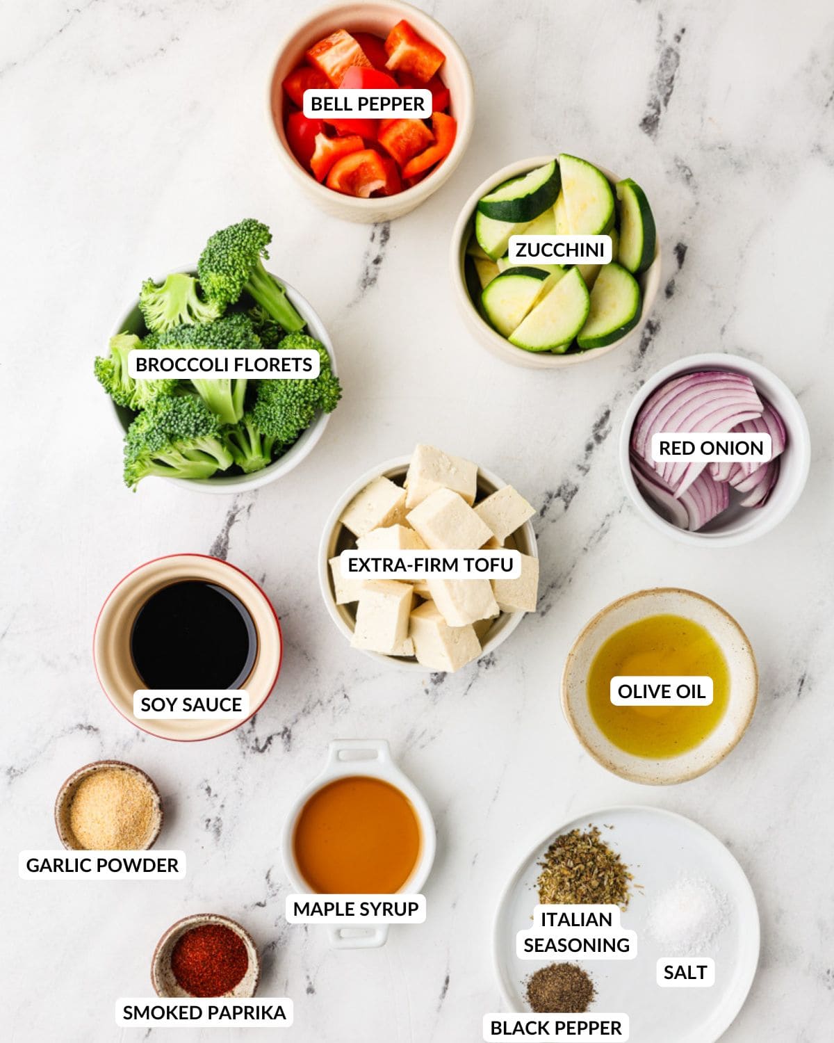 An overhead image of the ingredients of sheet pan tofu and veggies.