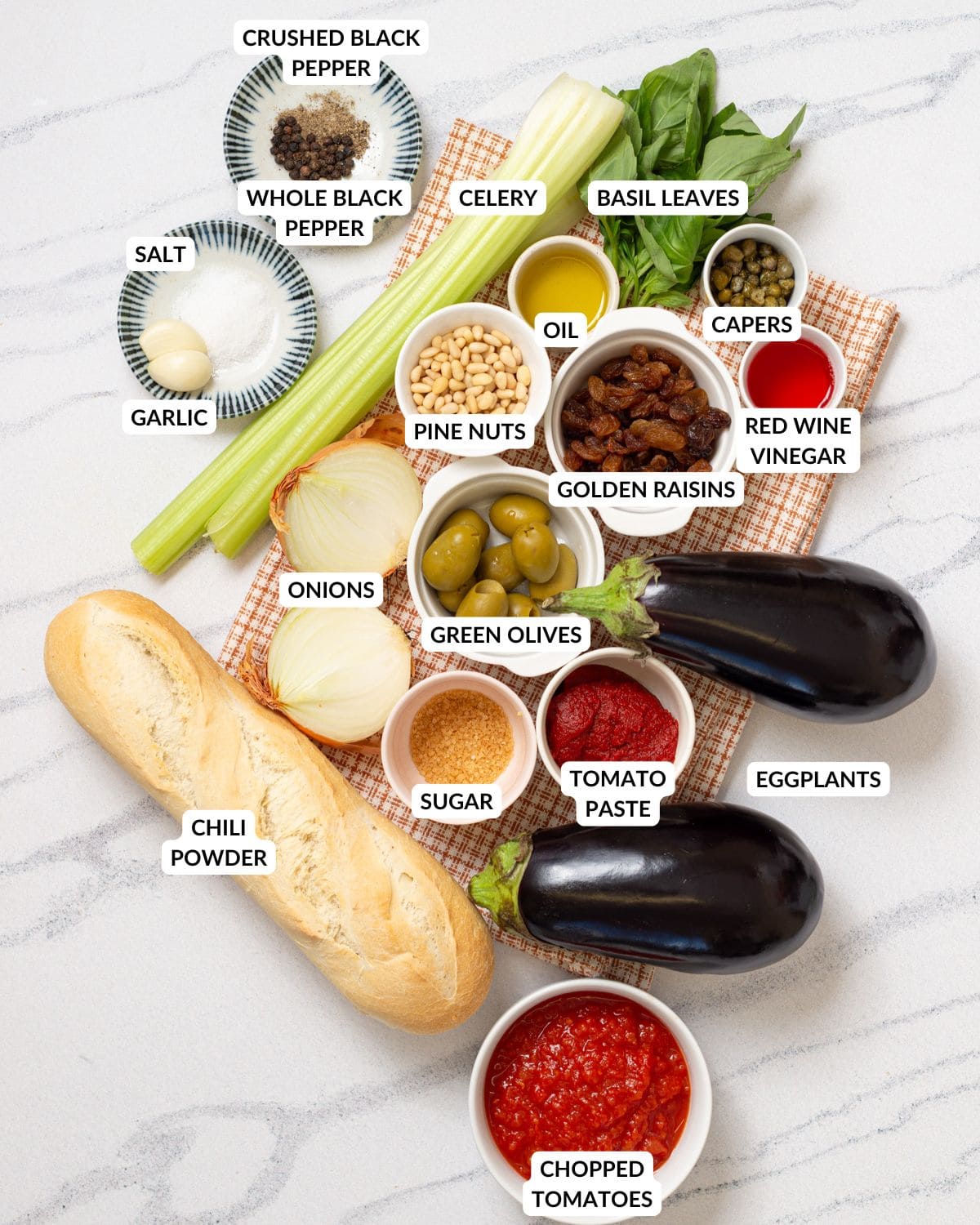 An overhead image of the ingredients of Sicilian Caponata.