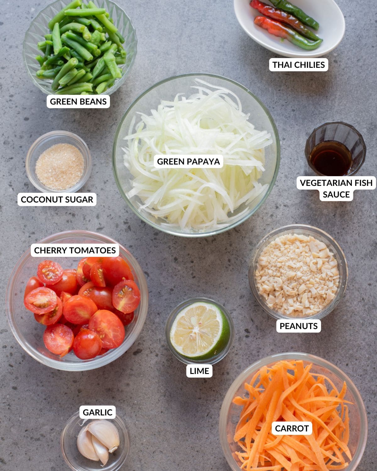 Ingredients for vegan Thai green papaya salad.
