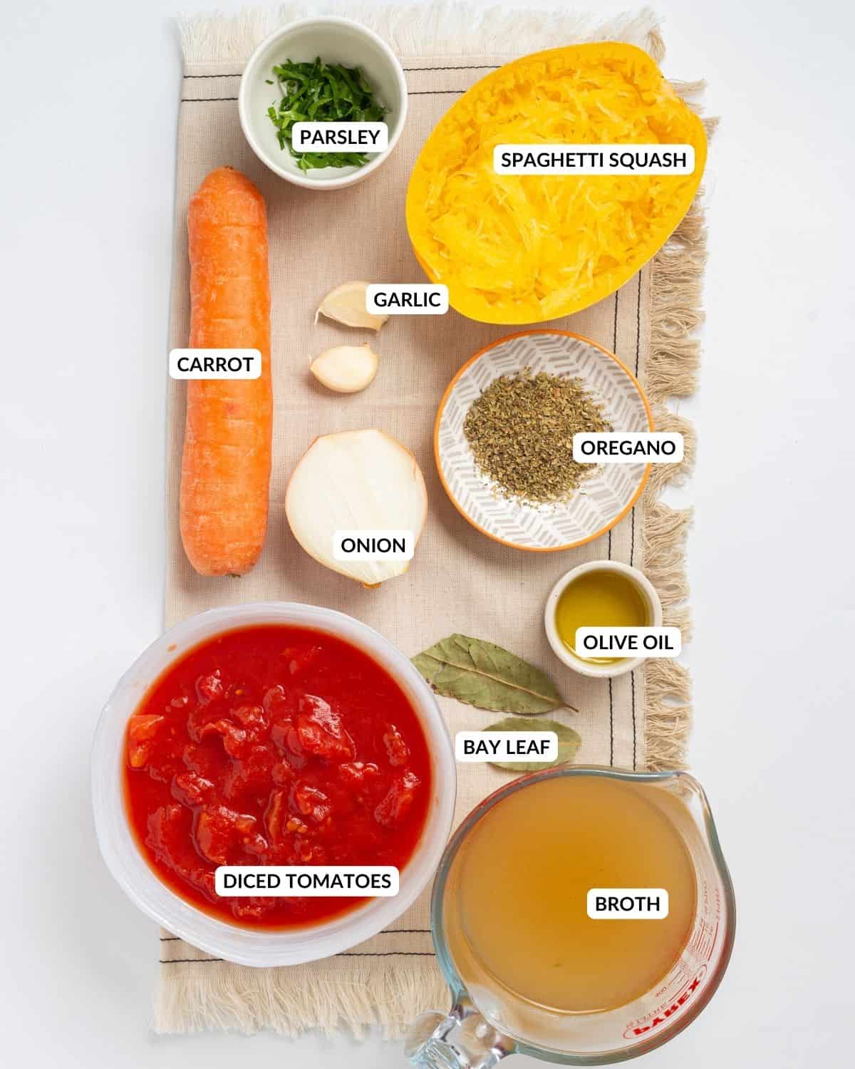 Overhead view showing ingredients needed for recipe, labeled. Check recipe card for details. 