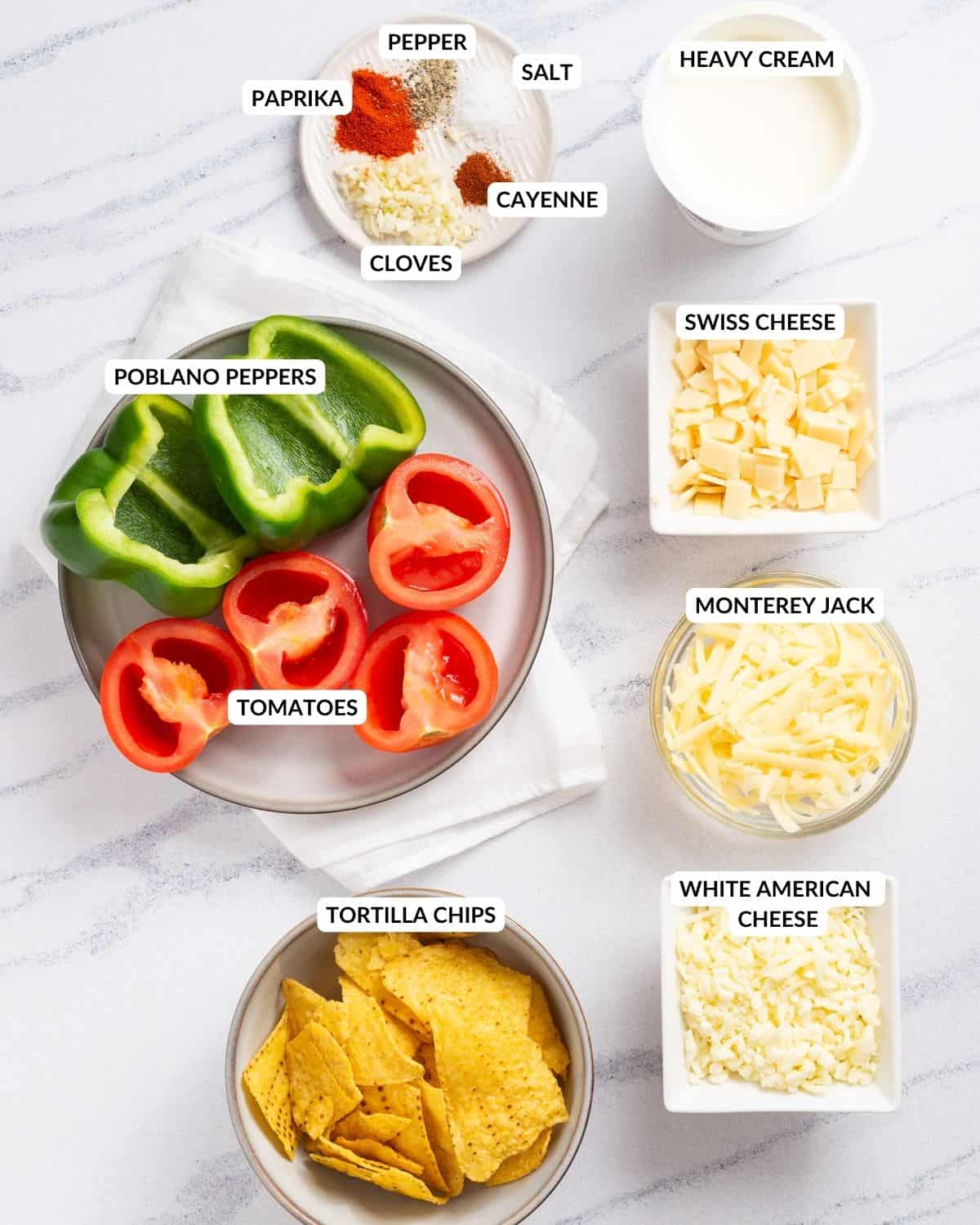 An overhead image of the ingredients for spicy cheese dip (queso diablo recipe).