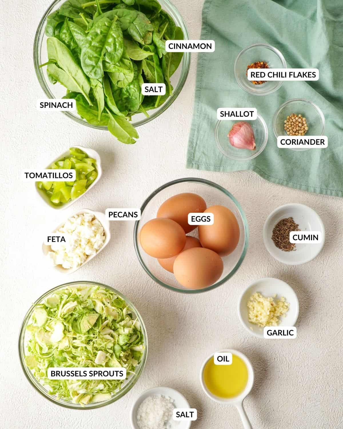 Overhead view of labeled ingredients - check recipe card for details