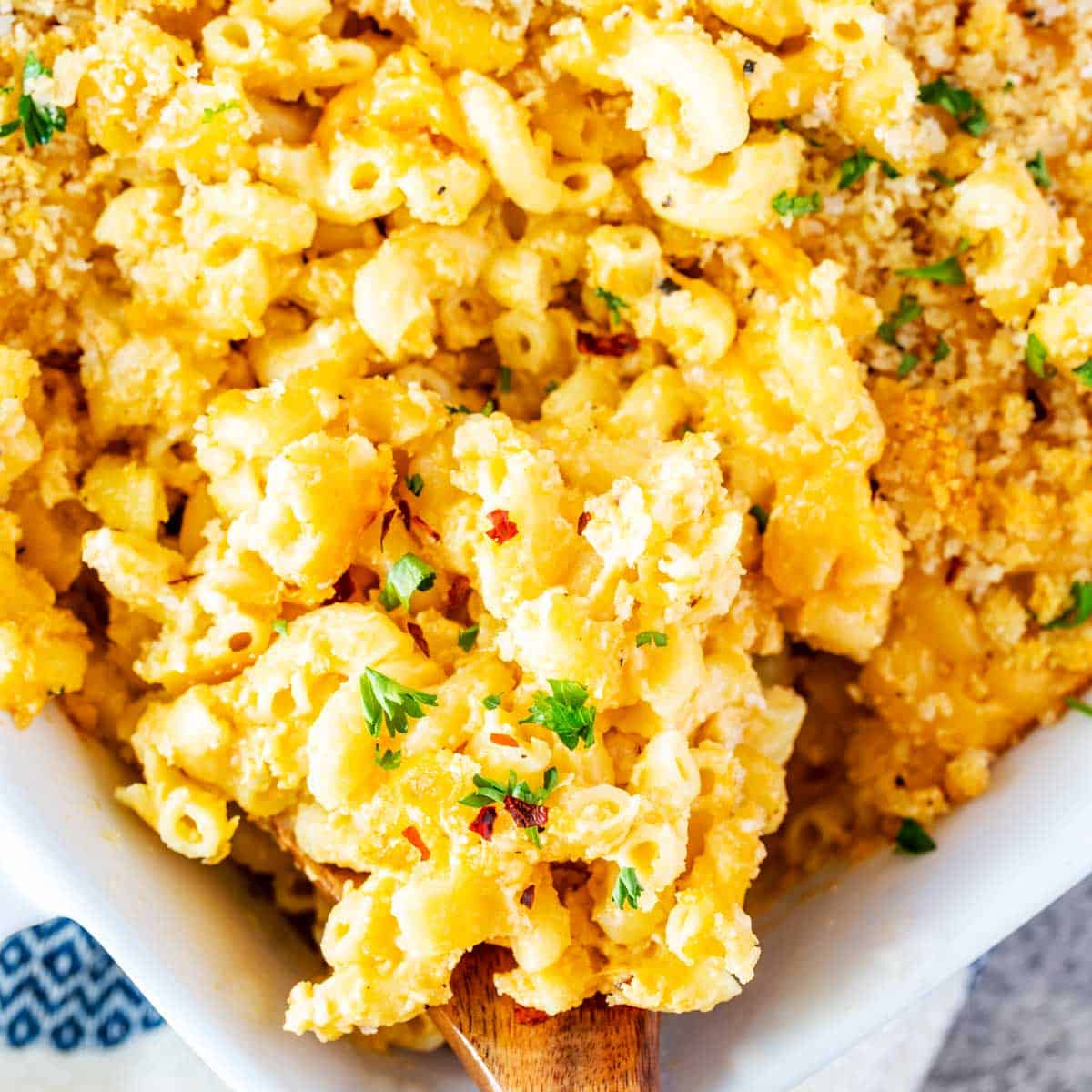 Close-up view of baked macaroni and cheese with breadcrumbs.